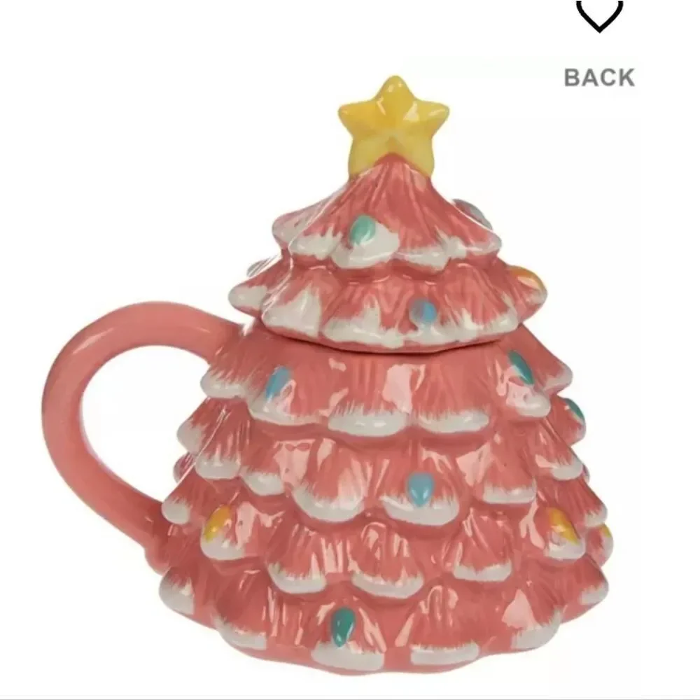 Nwt Pink Ceramic Christmas Tree Lidded Mug, 16 oz